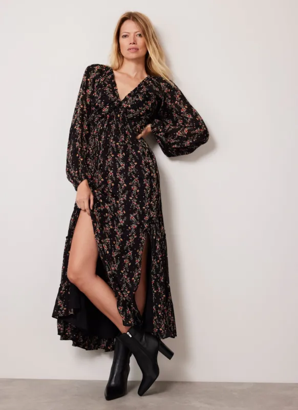 Black Floral Print Shirred Maxi Dress sold by Mint Velvet