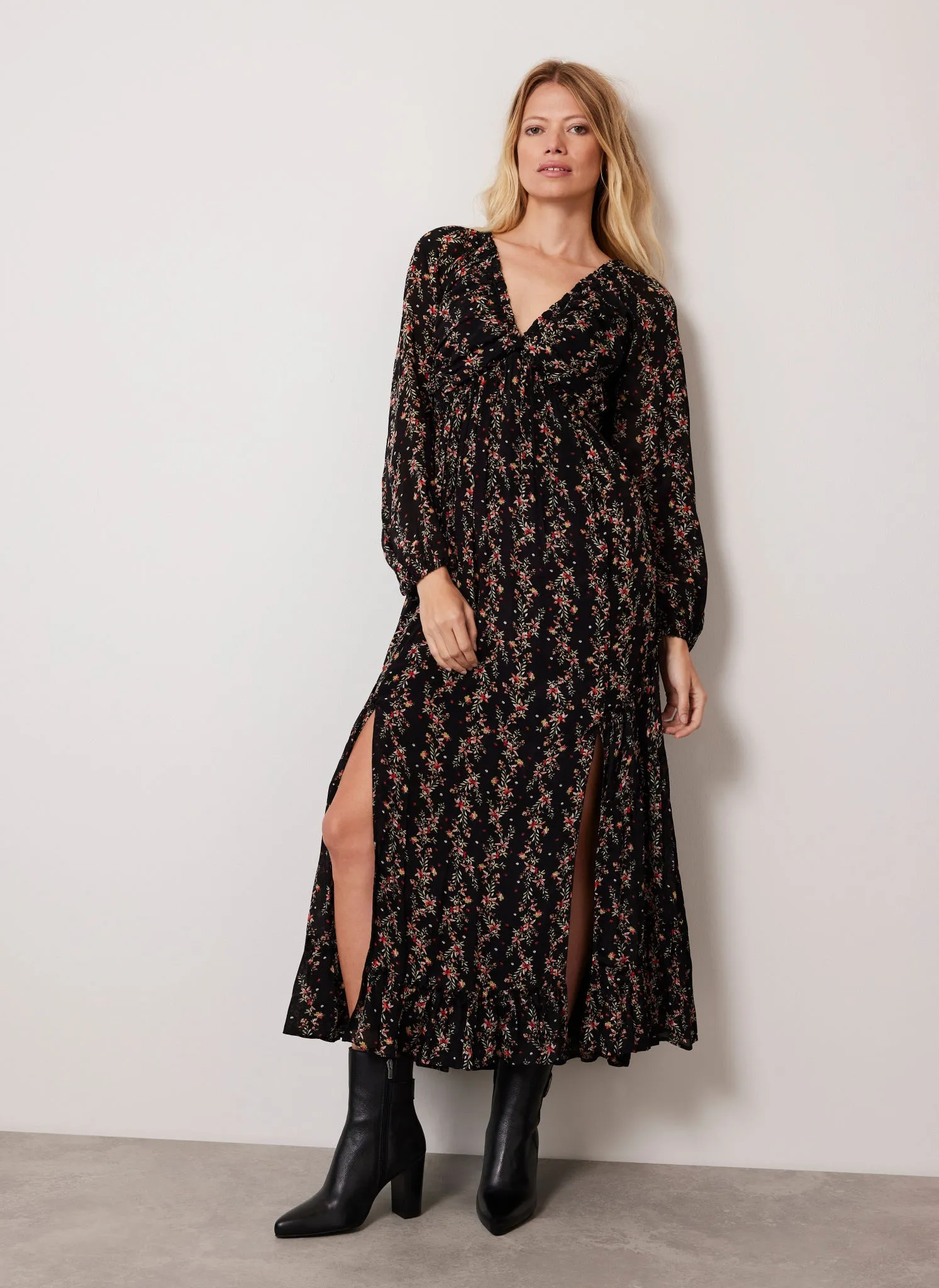 Black Floral Print Shirred Maxi Dress sold by Mint Velvet product image thumbnail 4