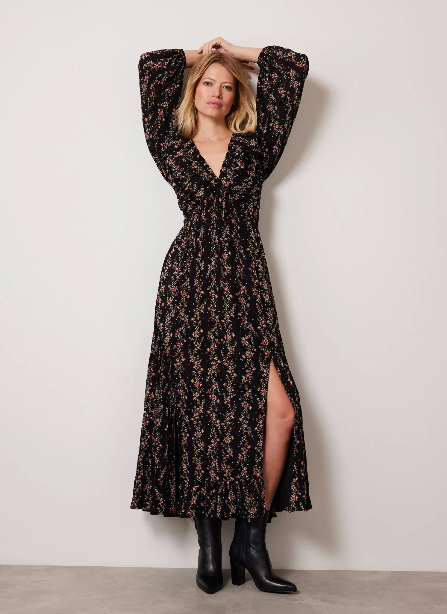 Black Floral Print Shirred Maxi Dress sold by Mint Velvet product image thumbnail 5