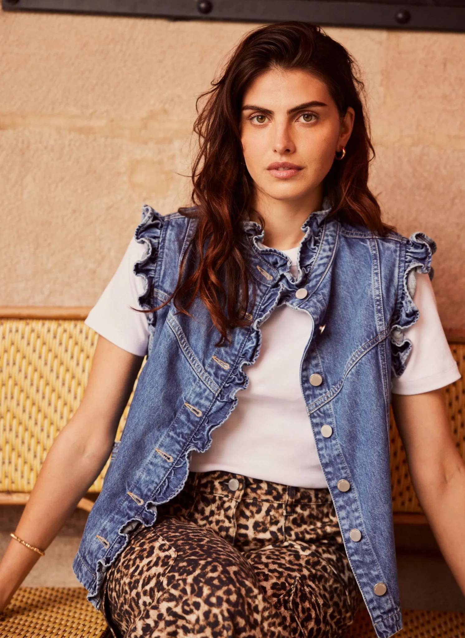 Indigo Denim Ruffle Gilet sold by Mint Velvet