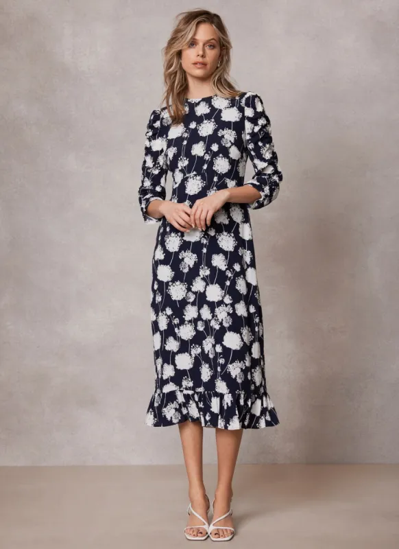 Navy Floral Ruffle Midi Dress sold by Mint Velvet