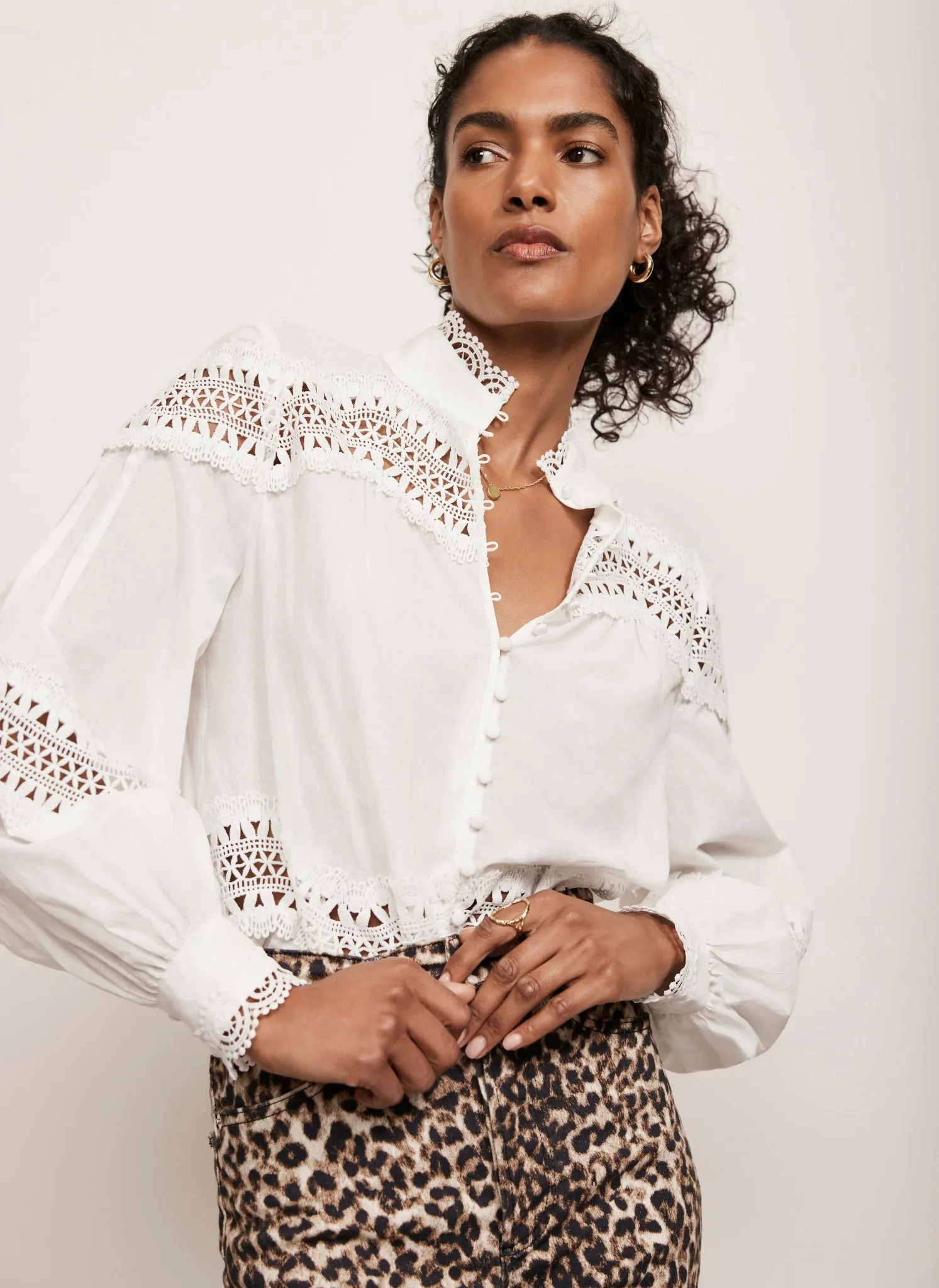White Cotton Lace Detail Blouse sold by Mint Velvet