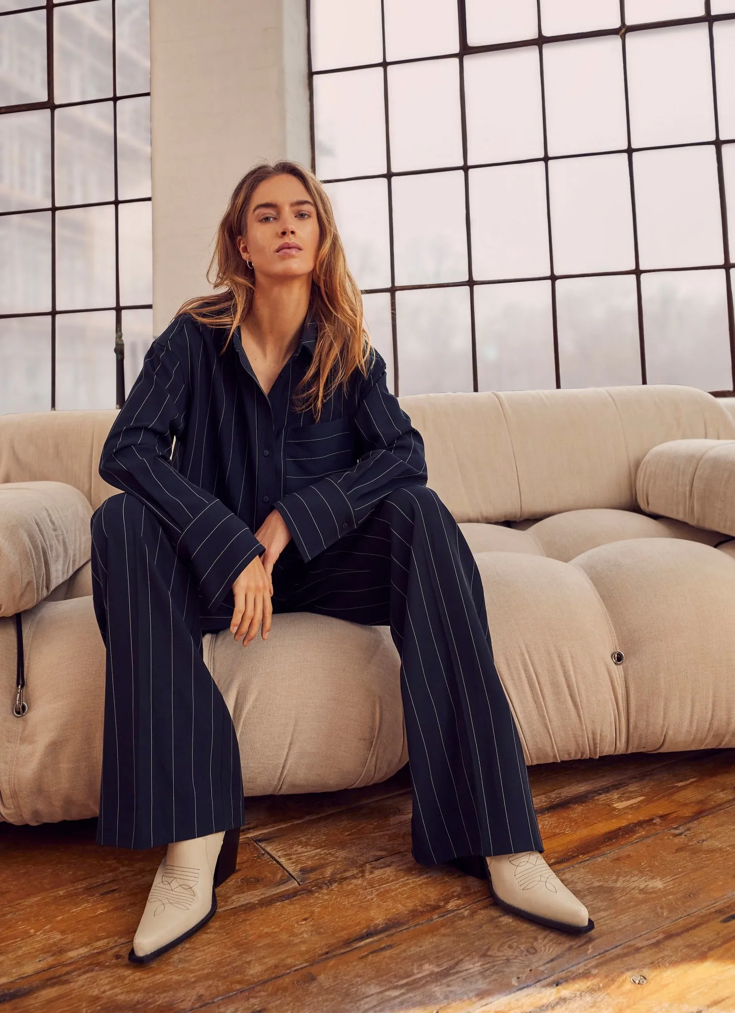 Navy Pinstripe Wide Trousers sold by Mint Velvet product image thumbnail 3