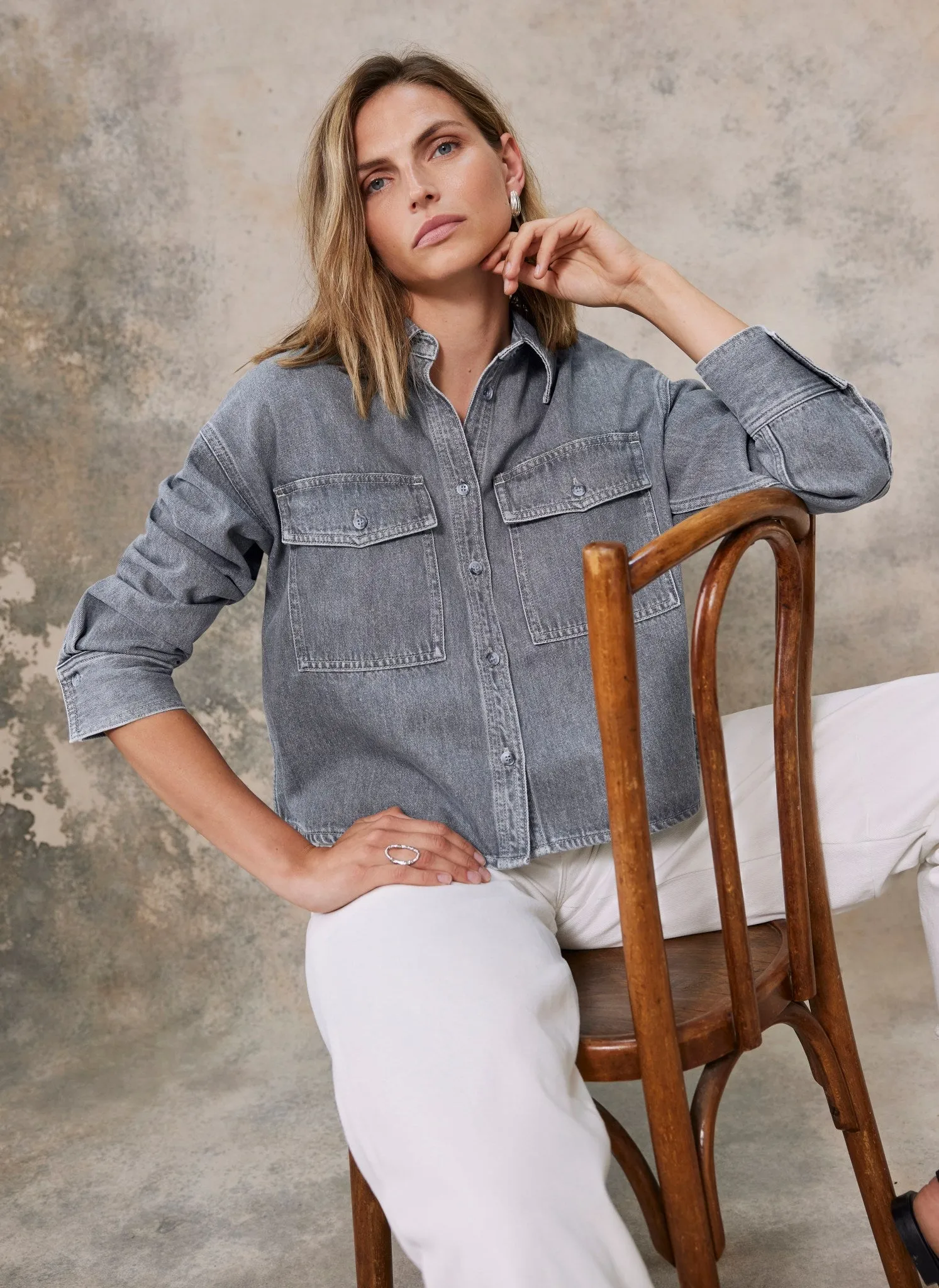 Grey Cropped Denim Shirt sold by Mint Velvet