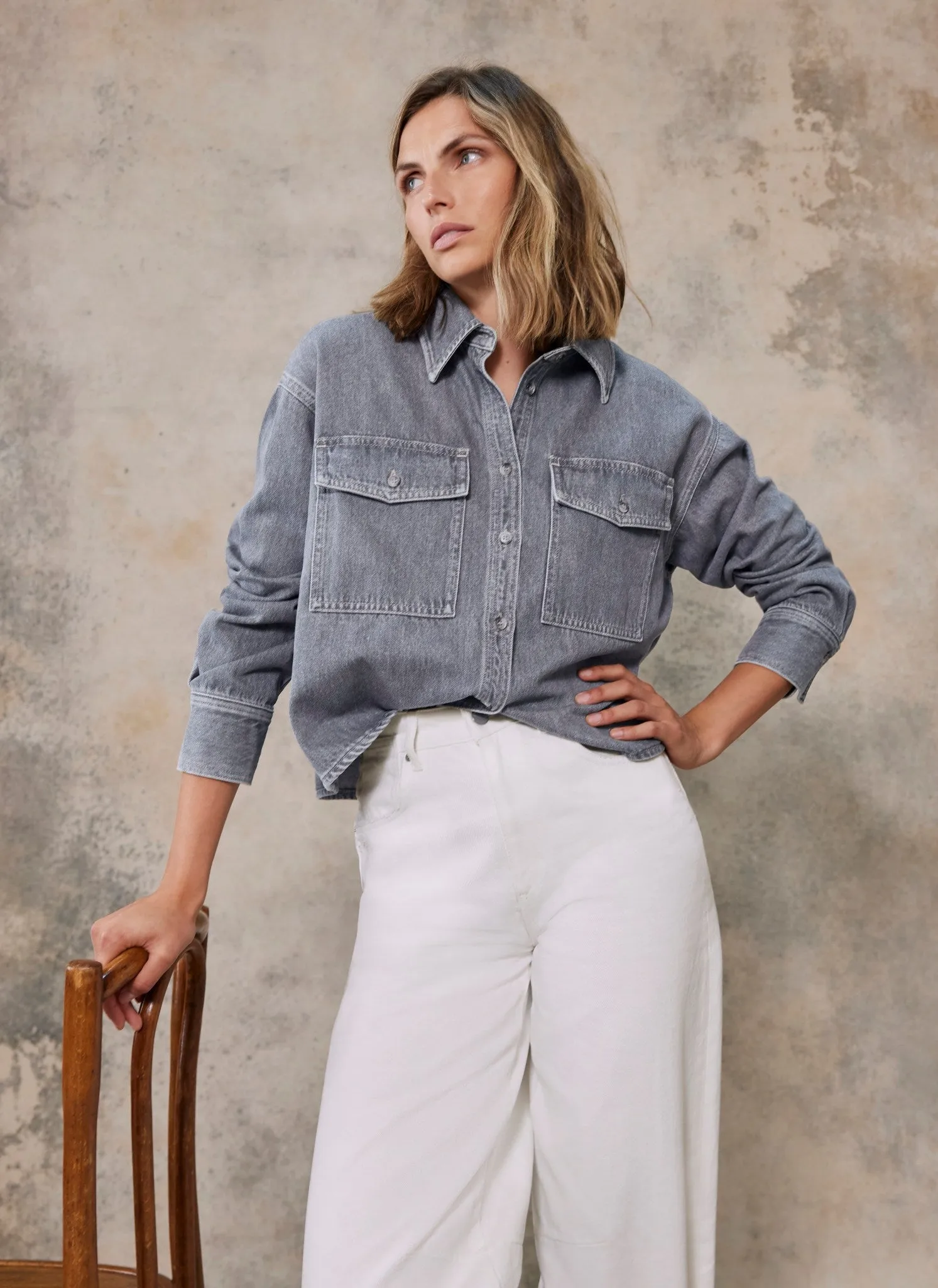 Grey Cropped Denim Shirt sold by Mint Velvet product image thumbnail 5