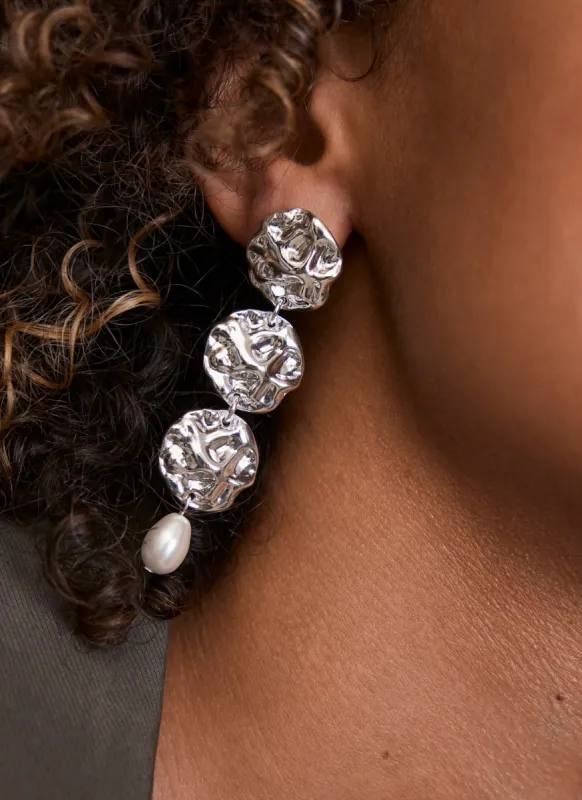 Silver Tone Hammered Disc Pearl Earrings sold by Mint Velvet