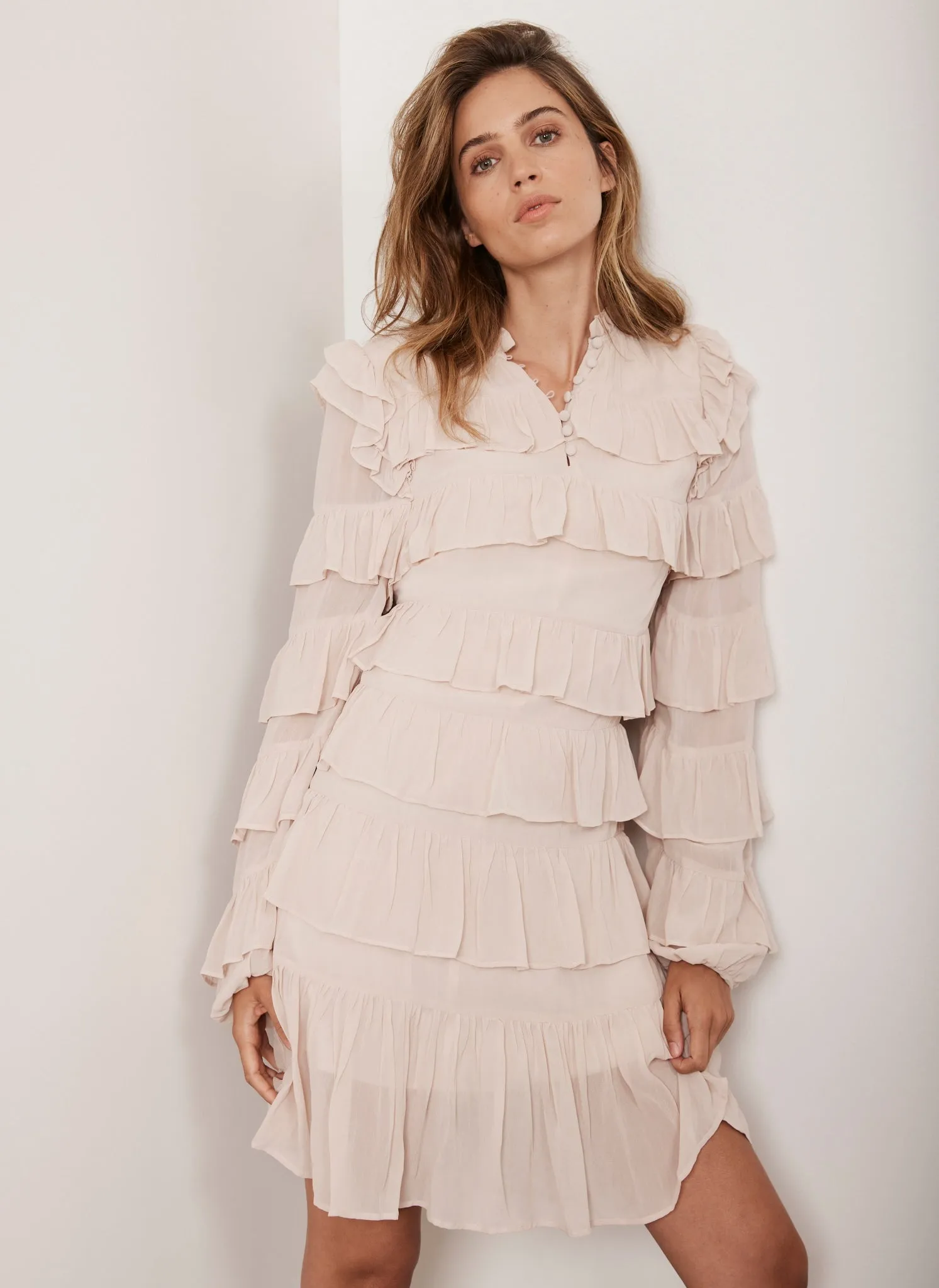 Pink Ruffle Tiered Mini Dress sold by Mint Velvet