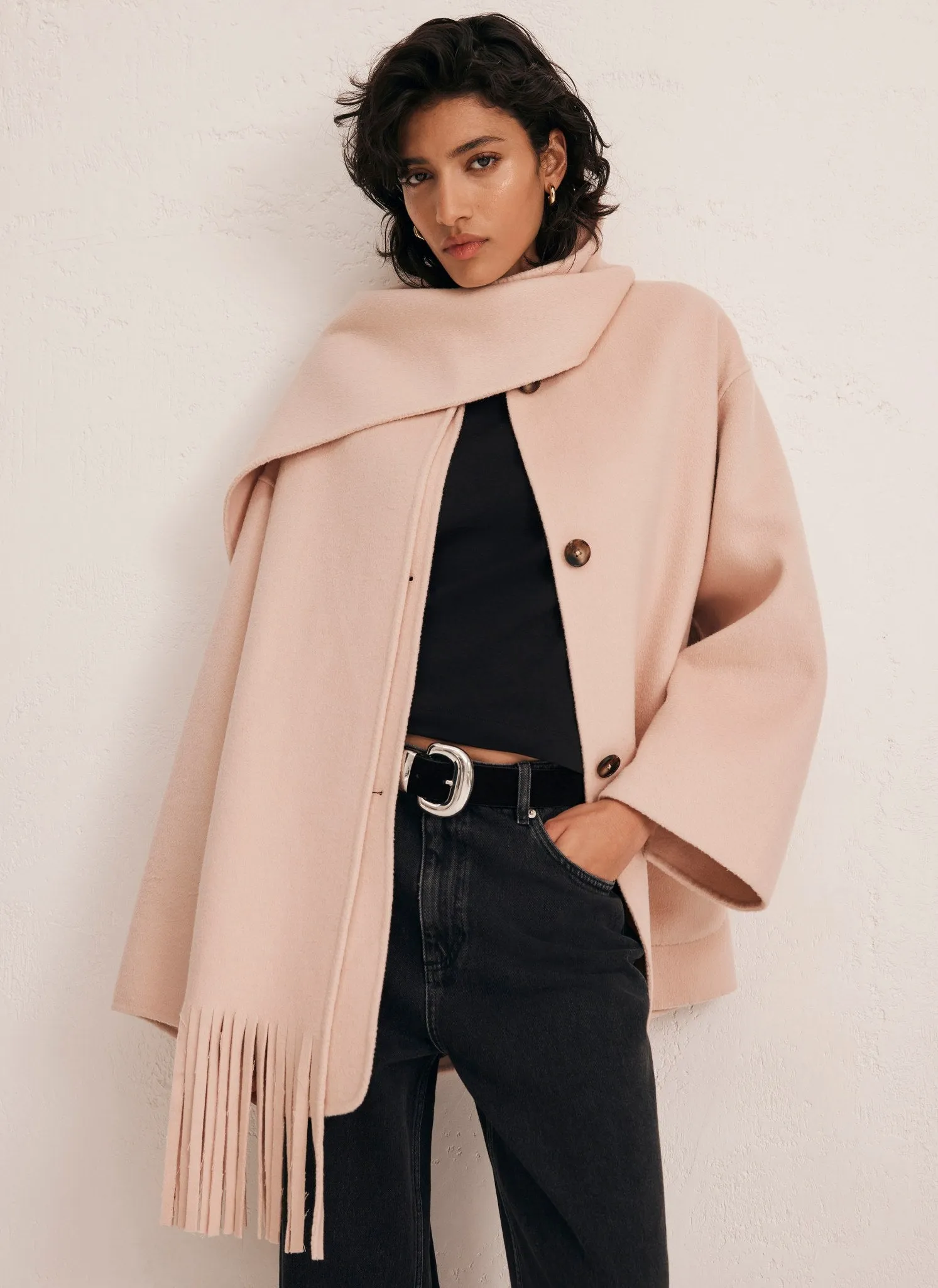 Pink Fringed Scarf Coat | Parallel