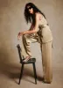 Gold Satin Pleated Wide Trousers sold by Mint Velvet