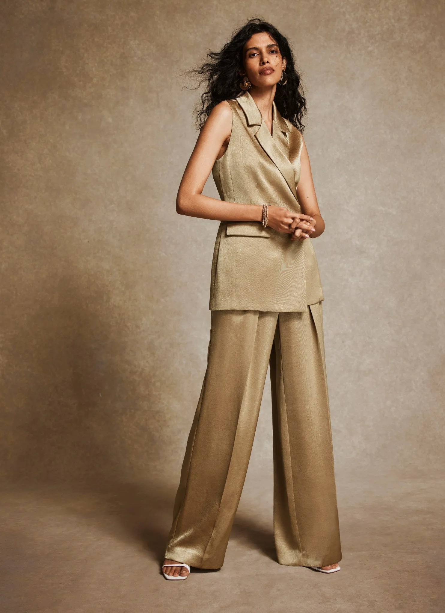 Gold Satin Pleated Wide Trousers sold by Mint Velvet product image thumbnail 3