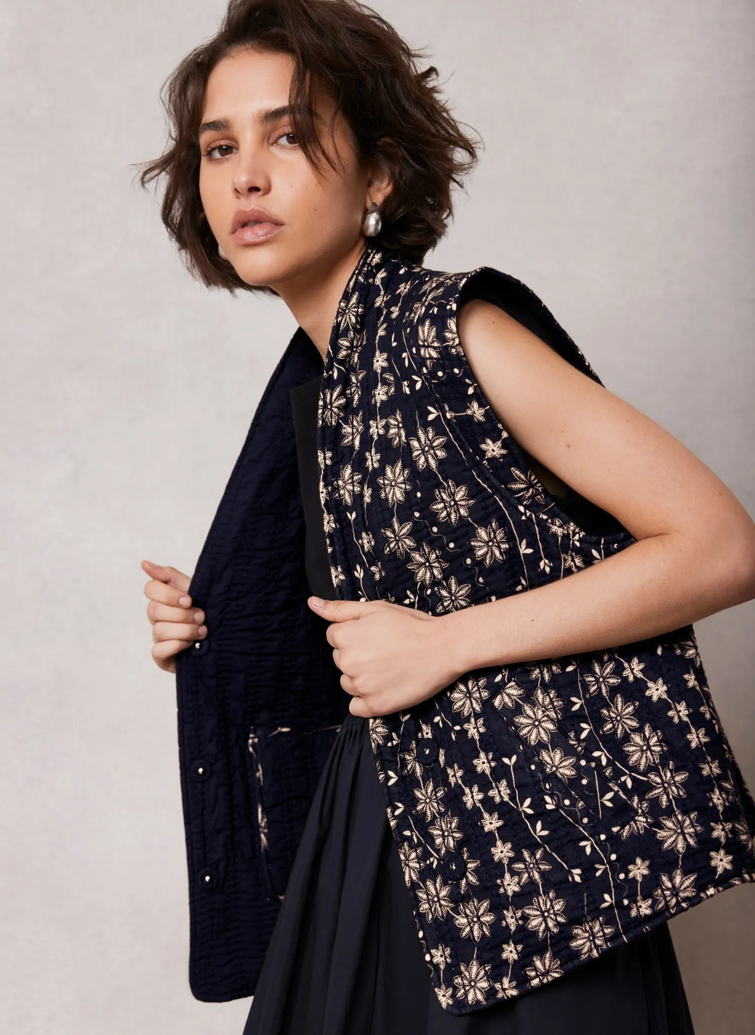 Navy Cotton Printed Quilted Gilet sold by Mint Velvet