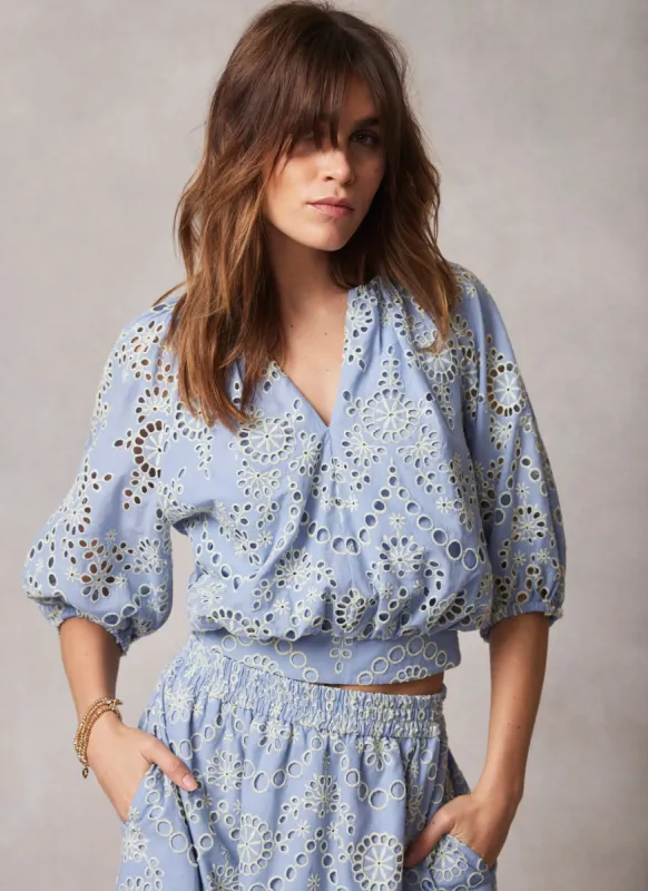 Blue Broderie Puff Sleeve Top sold by Mint Velvet