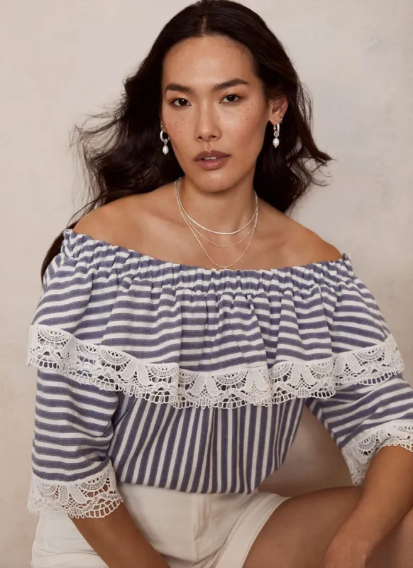 Blue Striped Bardot Top sold by Mint Velvet