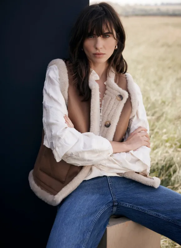 Tan Bonded Collarless Gilet sold by Mint Velvet