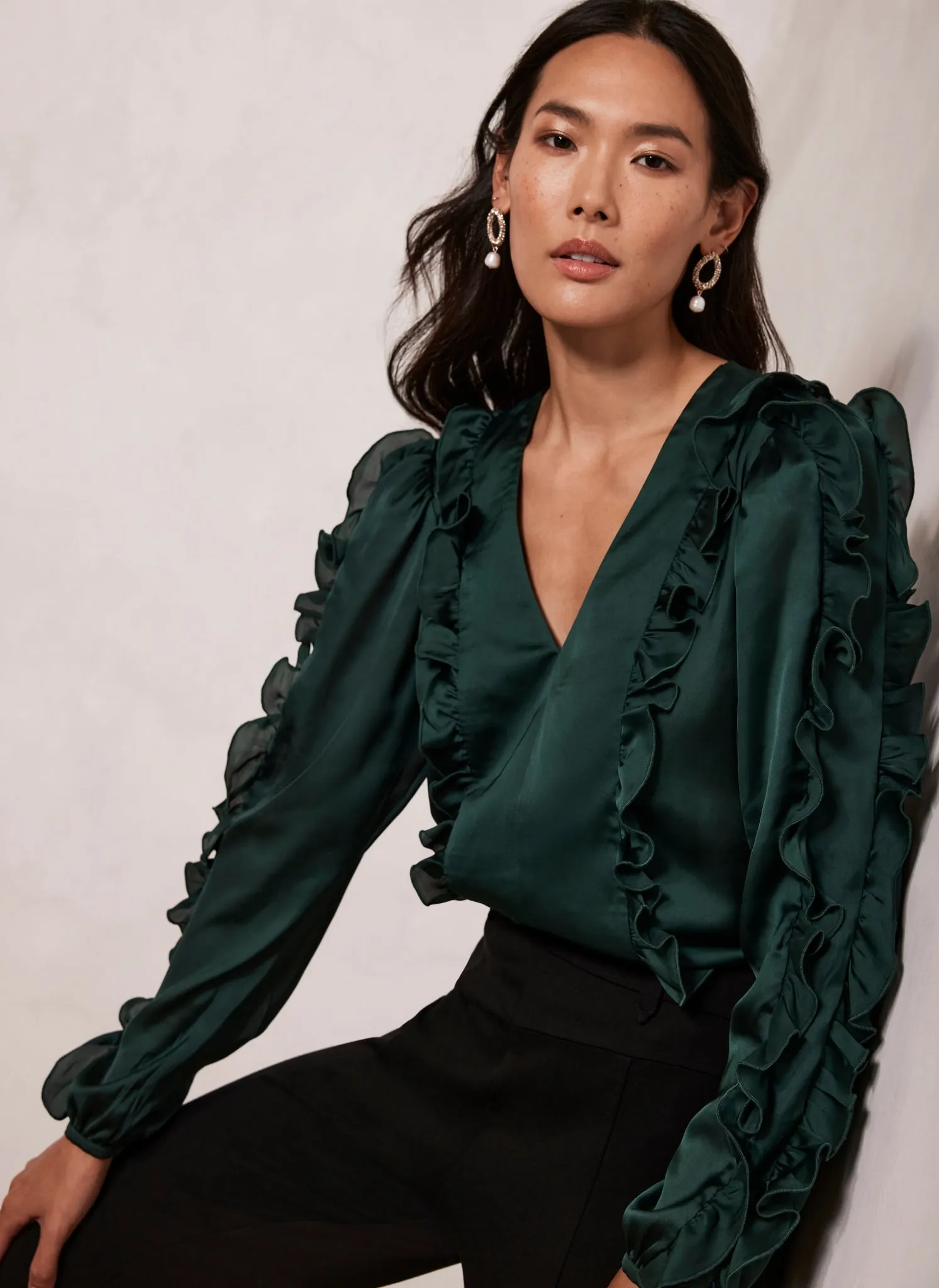 Green Satin Ruffle Blouse sold by Mint Velvet