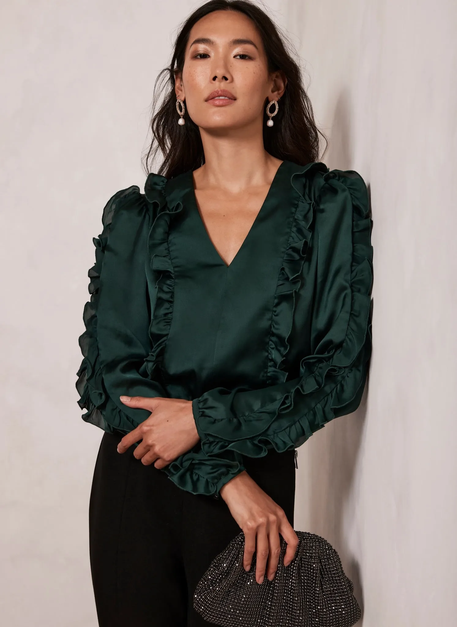 Green Satin Ruffle Blouse sold by Mint Velvet product image thumbnail 2