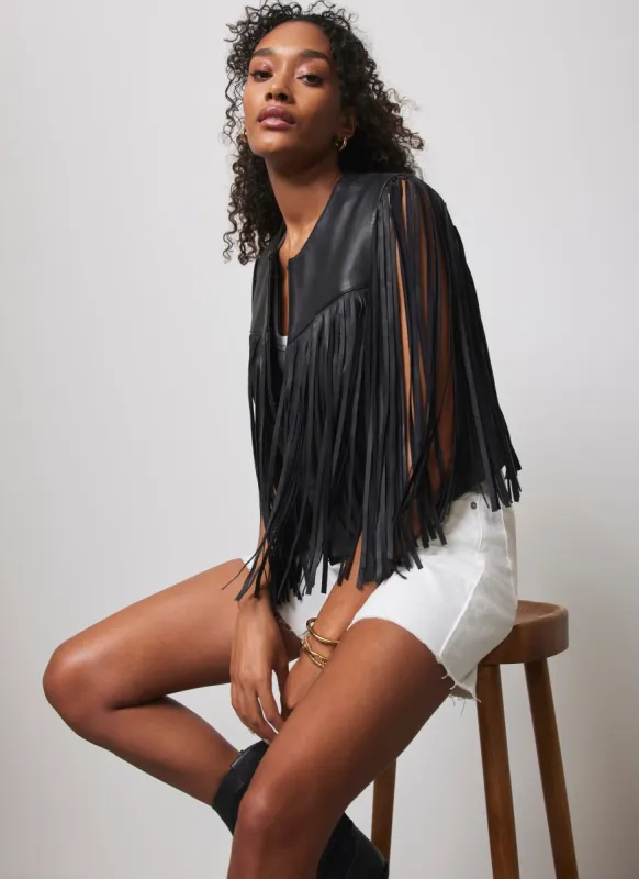 Black Leather Fringed Waistcoat sold by Mint Velvet
