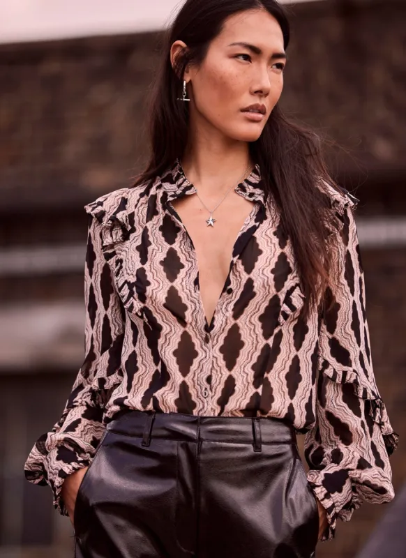 Black Print Ruffle Blouse sold by Mint Velvet