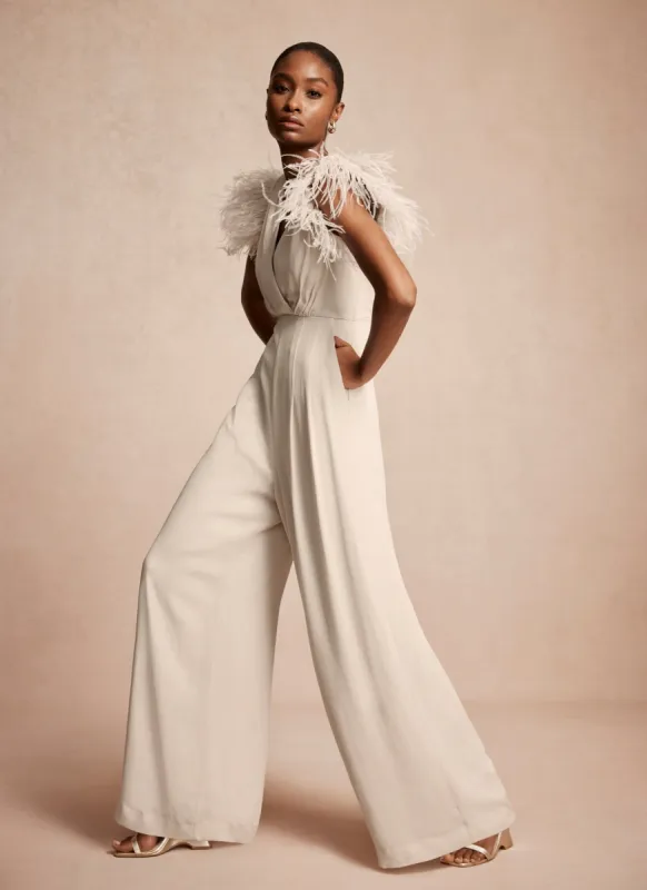 Cream Feather Detail Jumpsuit sold by Mint Velvet