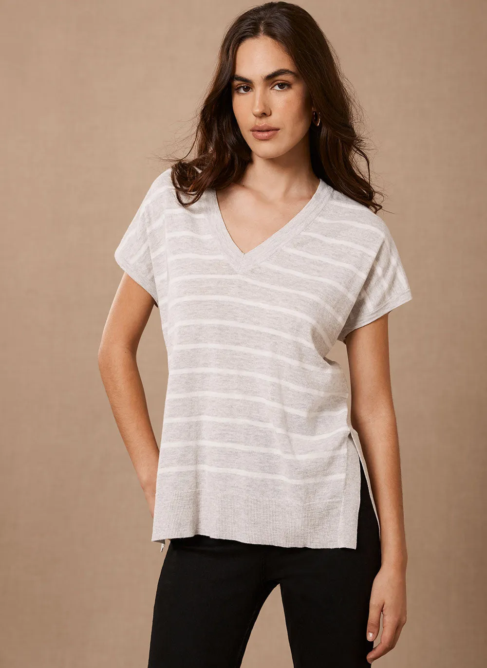 Grey Stripe V-Neck Knitted Top sold by Mint Velvet product image thumbnail 3