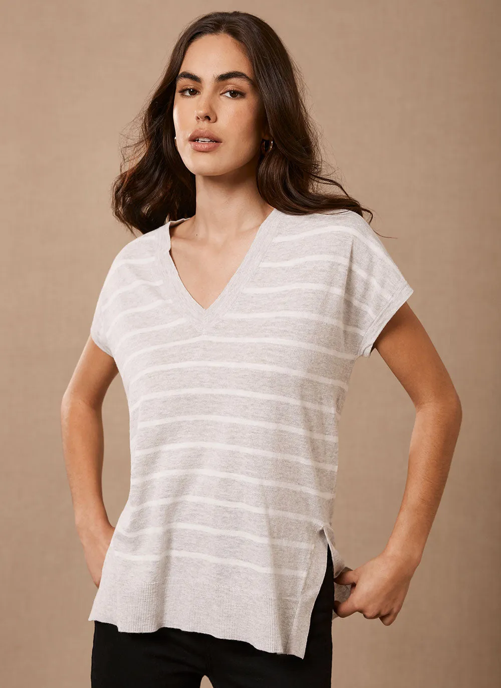 Grey Stripe V-Neck Knitted Top sold by Mint Velvet