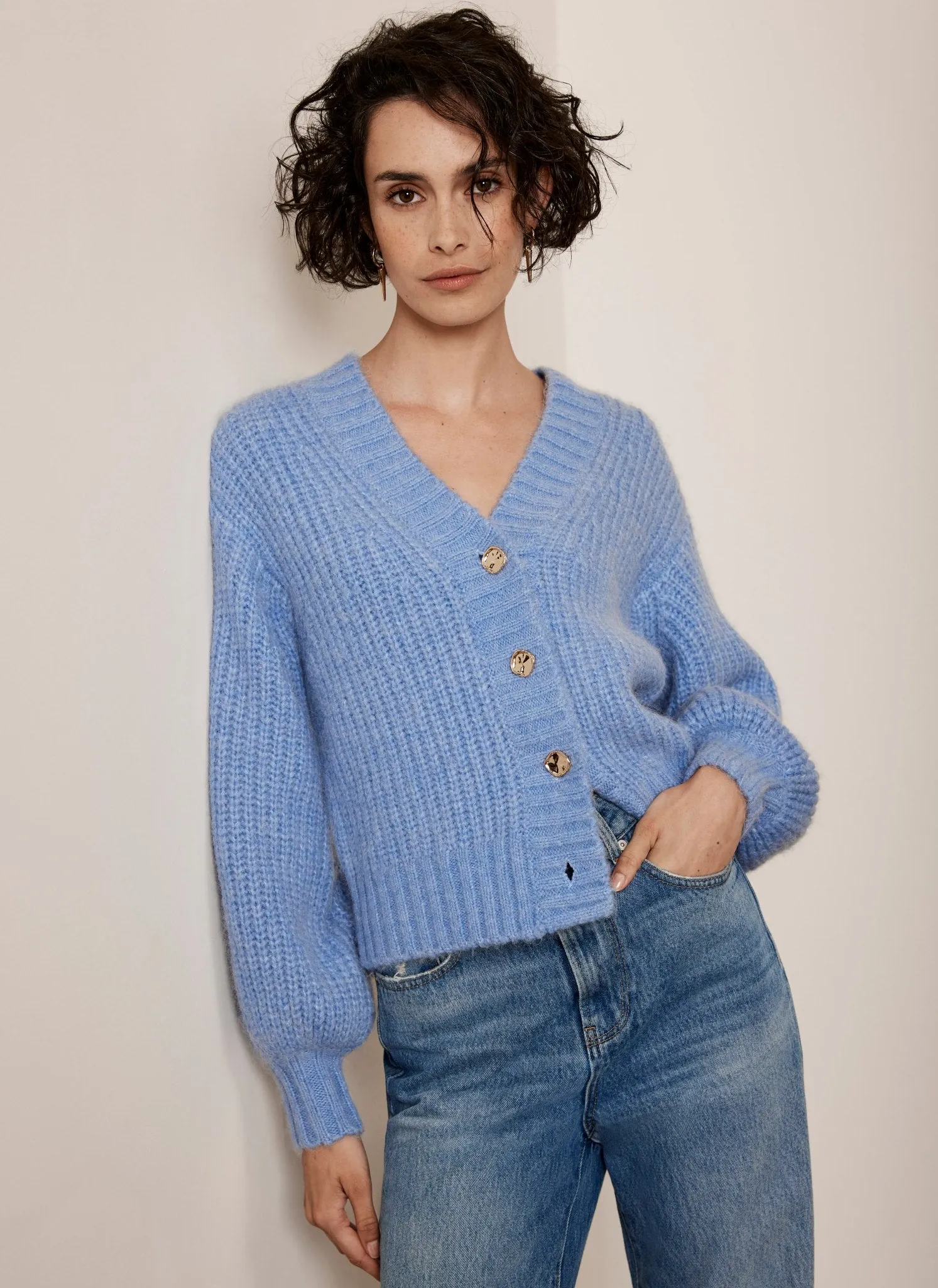 Blue Wool Blend Balloon Sleeve Cardigan sold by Mint Velvet product image thumbnail 3