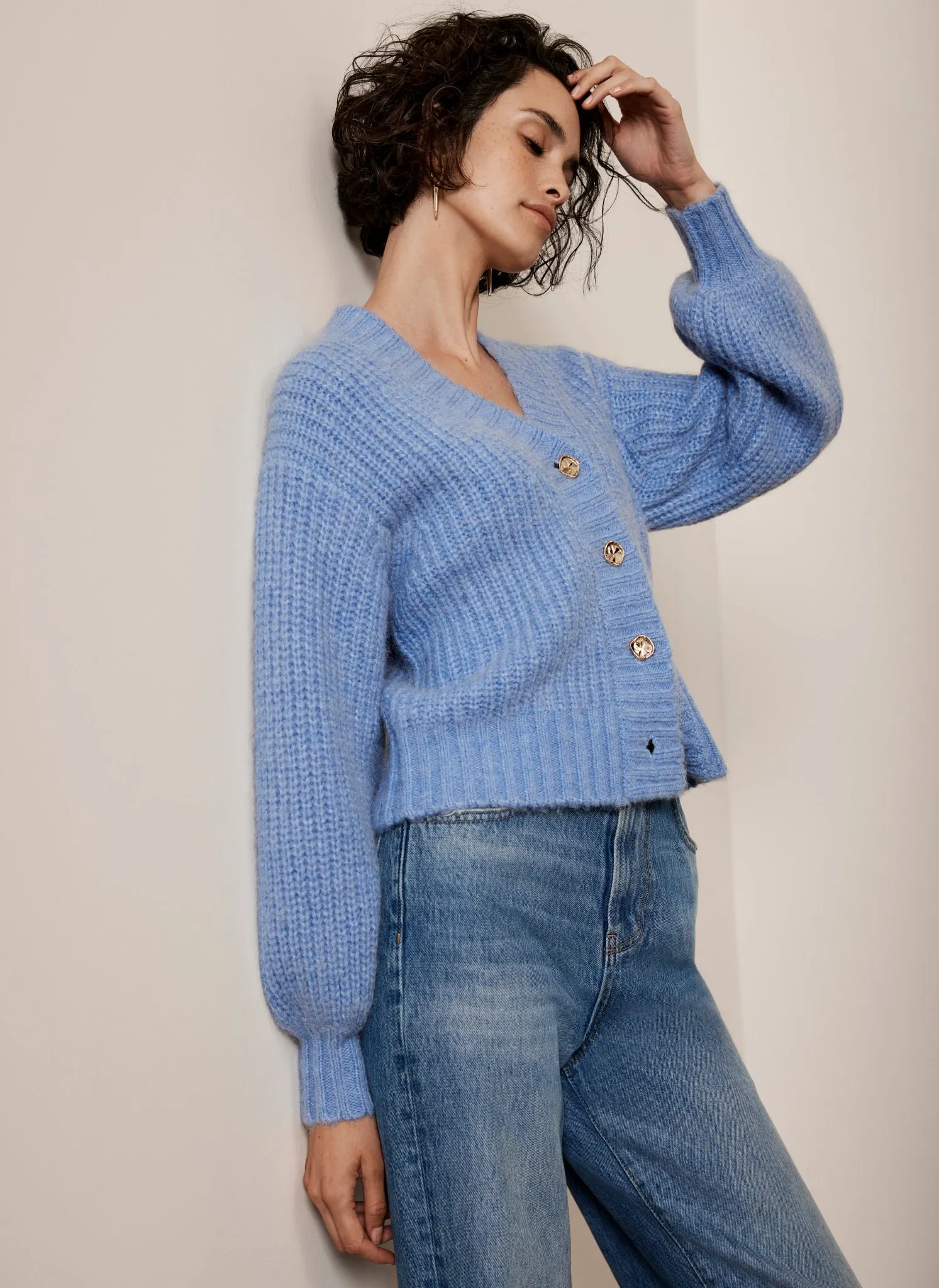 Blue Wool Blend Balloon Sleeve Cardigan sold by Mint Velvet product image thumbnail 5