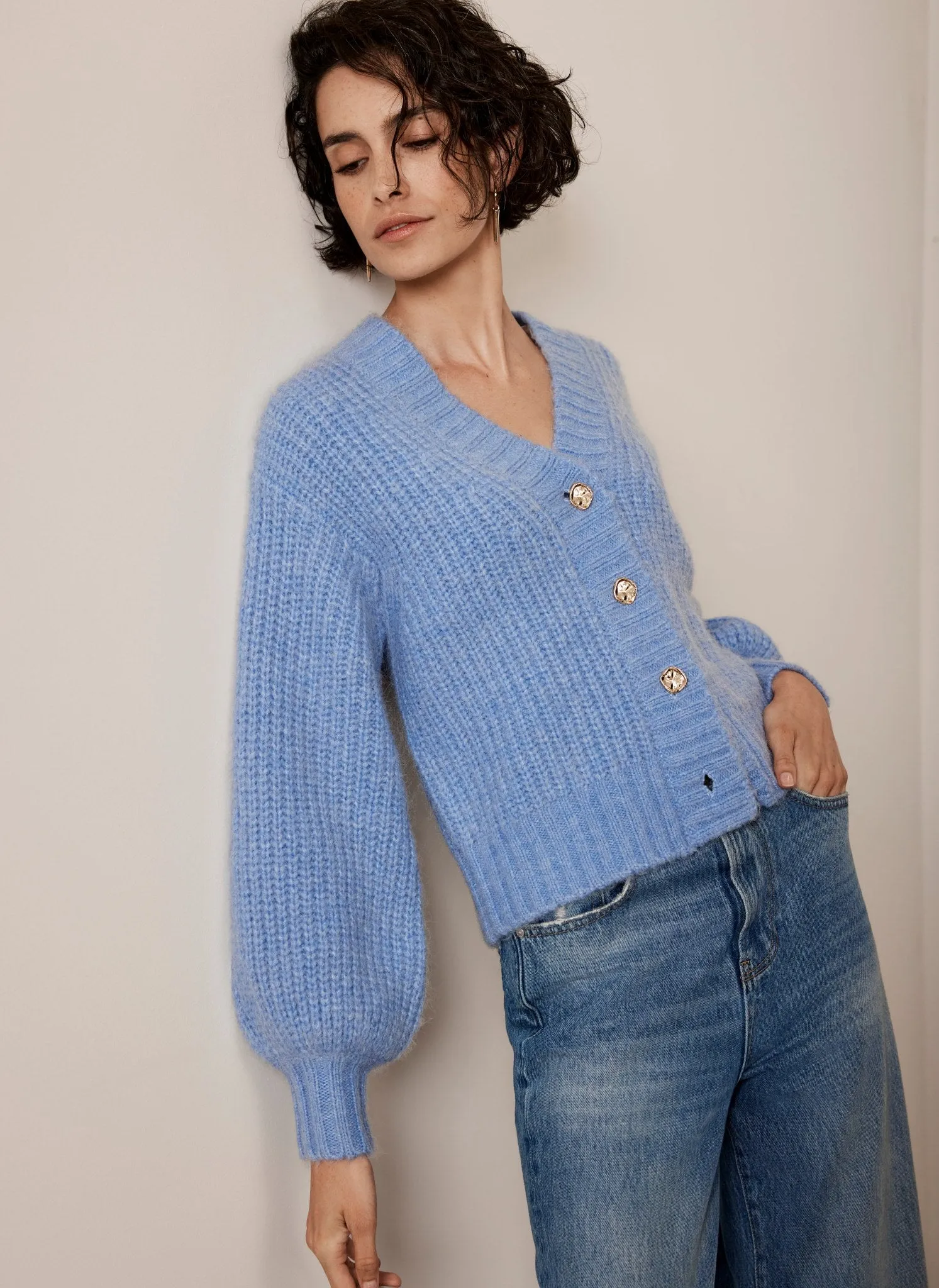 Blue Wool Blend Balloon Sleeve Cardigan sold by Mint Velvet product image thumbnail 2