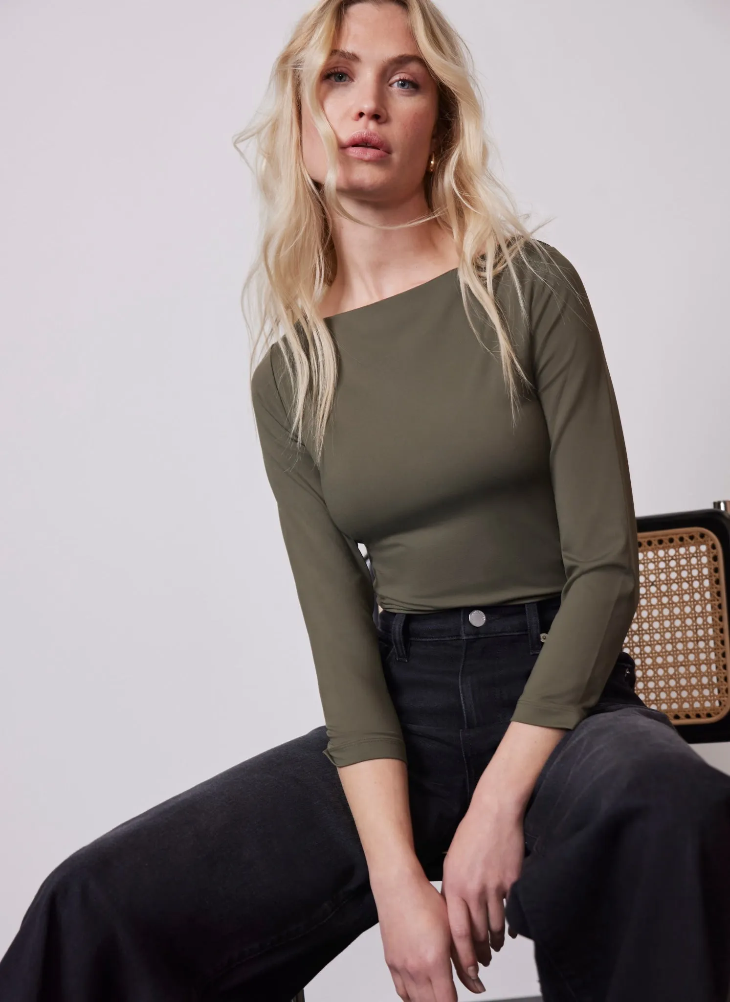 Khaki Layering Wide Neck Top sold by Mint Velvet
