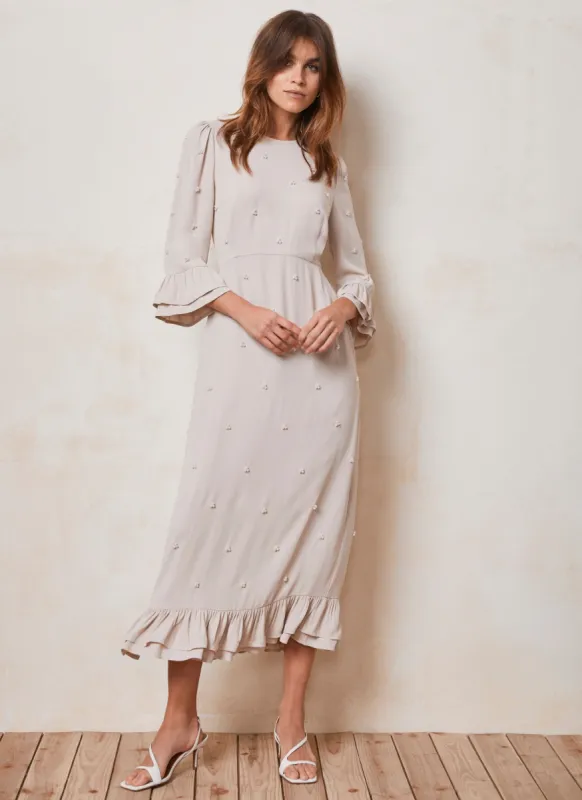 Beige Pearl Pleated Sleeve Midi Dress sold by Mint Velvet