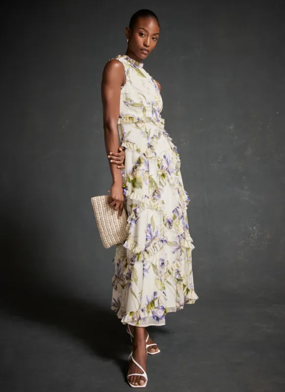 Cream Floral Print Ruffle Maxi Dress sold by Mint Velvet