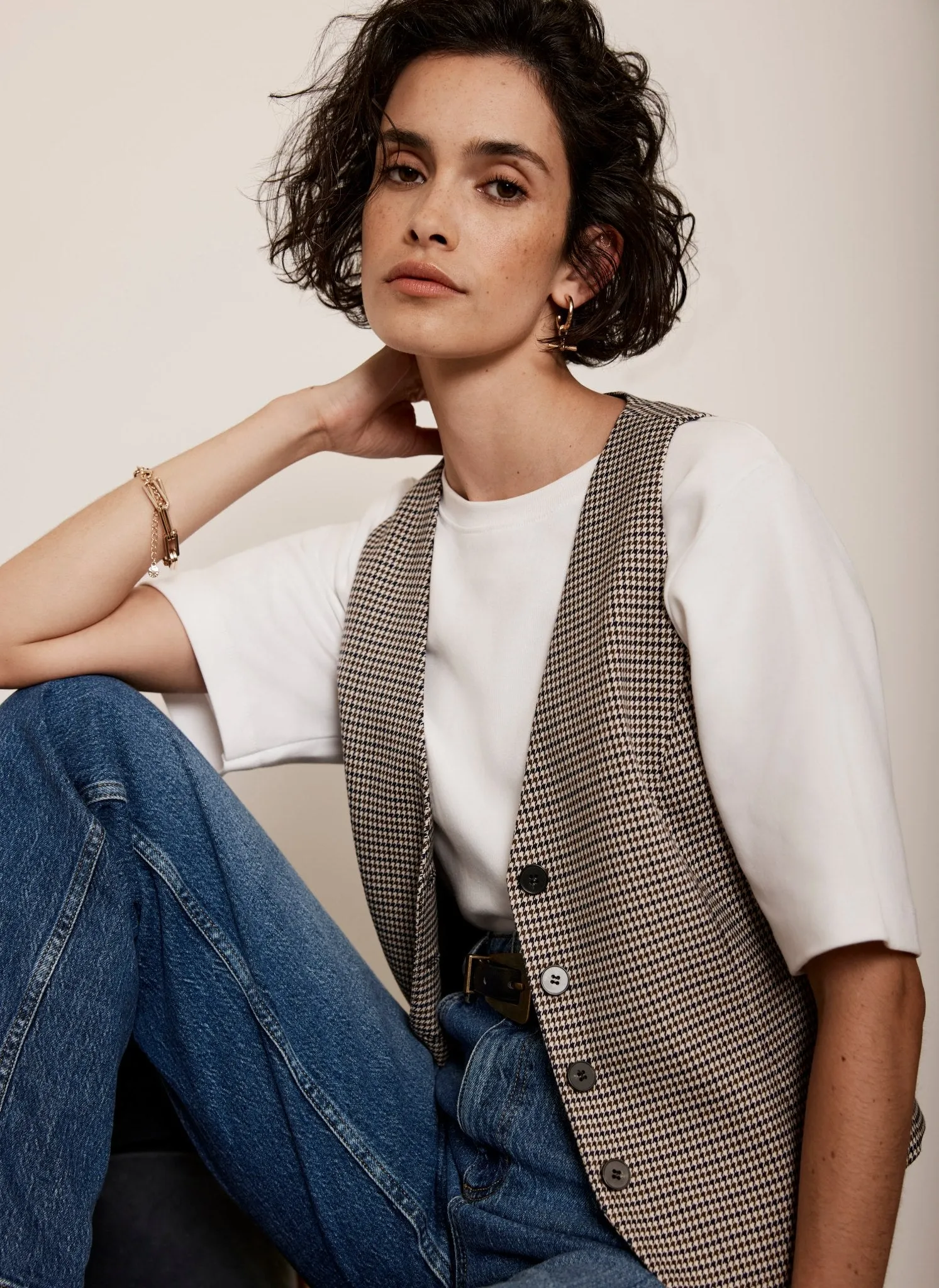 Neutral Check Waistcoat sold by Mint Velvet
