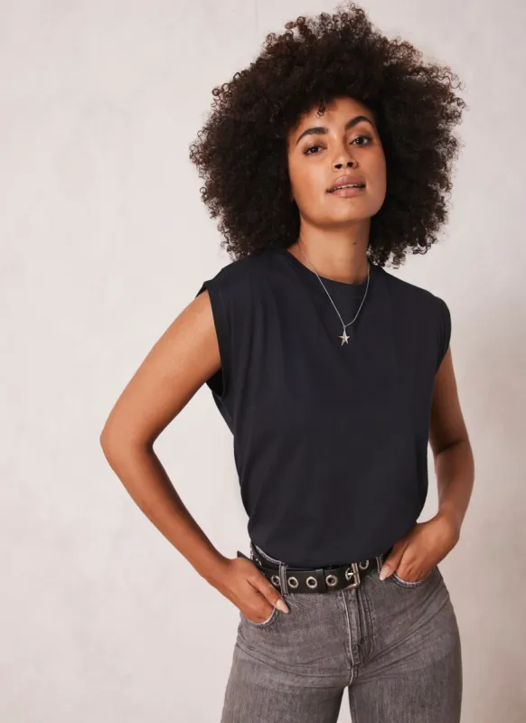 Navy Cotton Extended Shoulder T-Shirt sold by Mint Velvet