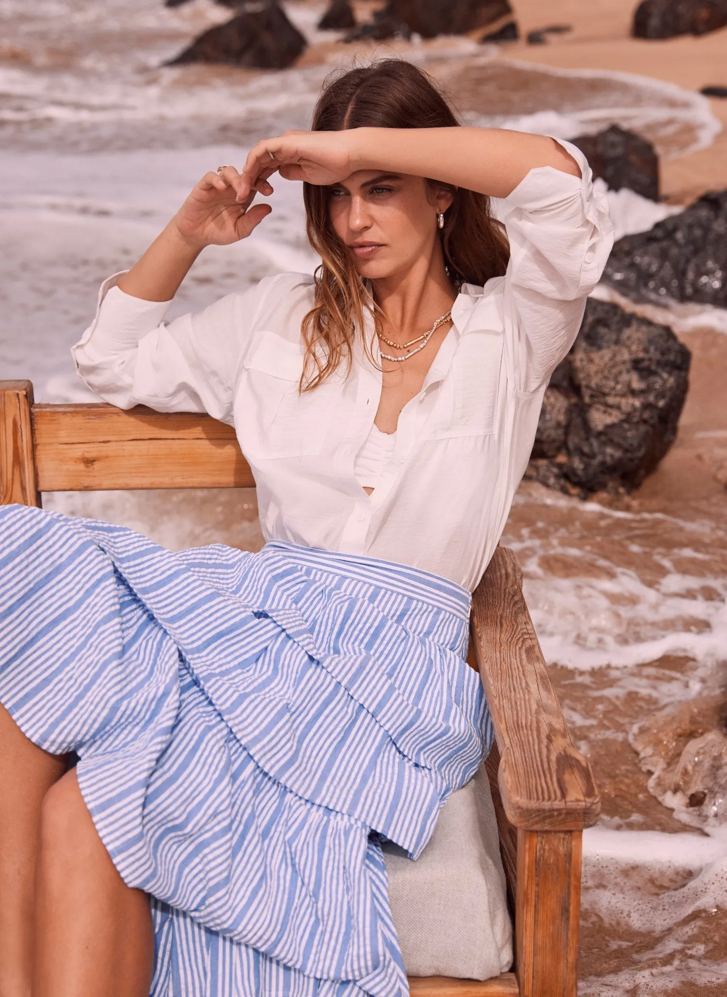 Blue Striped Tiered Midi Skirt sold by Mint Velvet