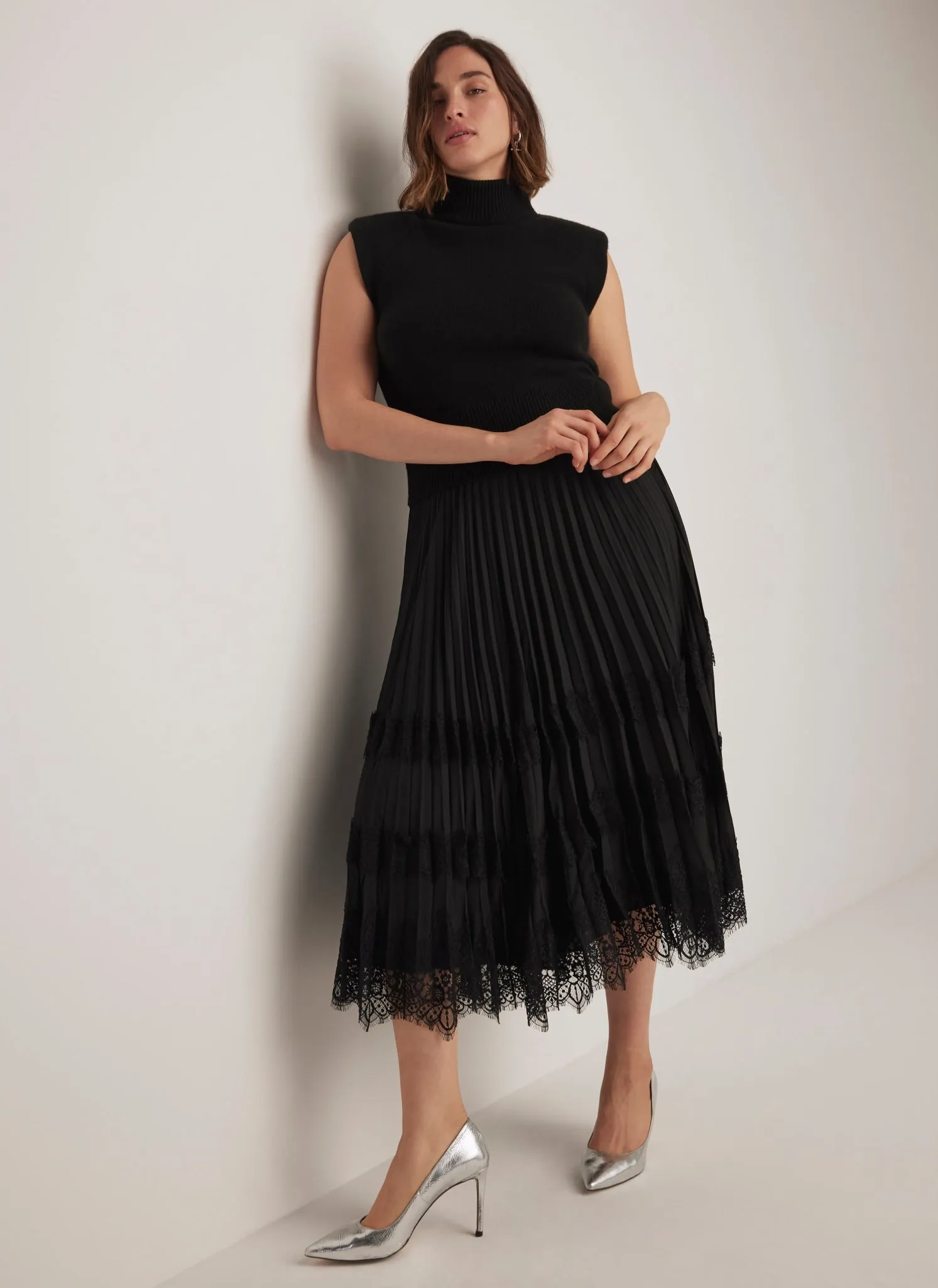 Black Lace Pleated Midi Skirt sold by Mint Velvet