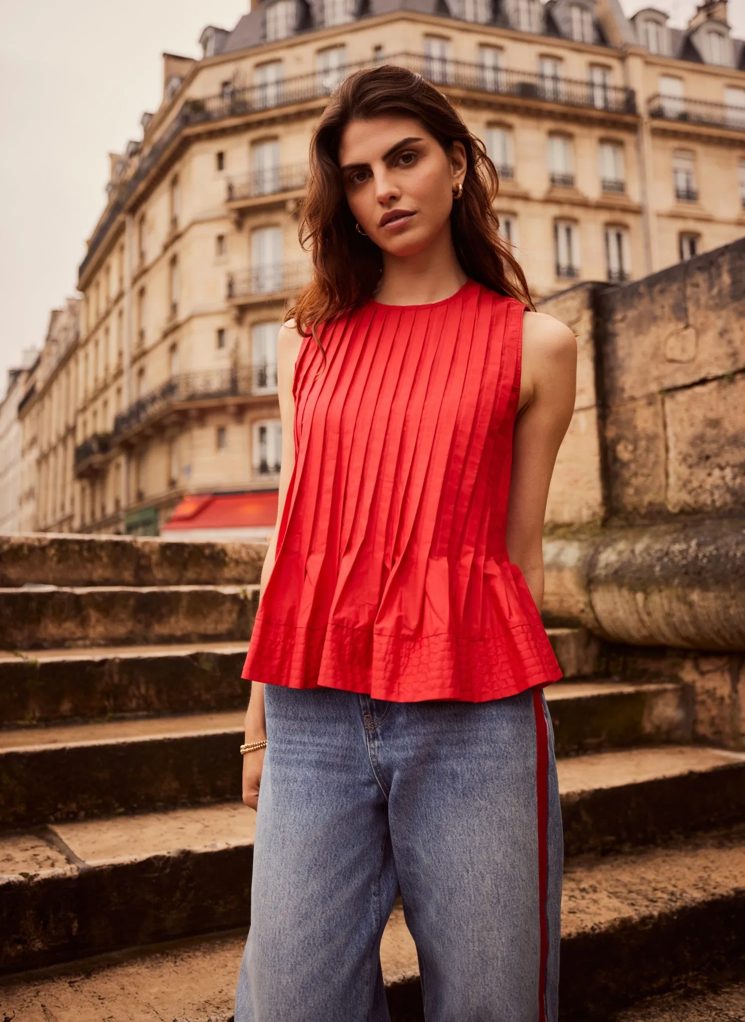 Red Cotton Pleated Peplum Top sold by Mint Velvet product image thumbnail 3