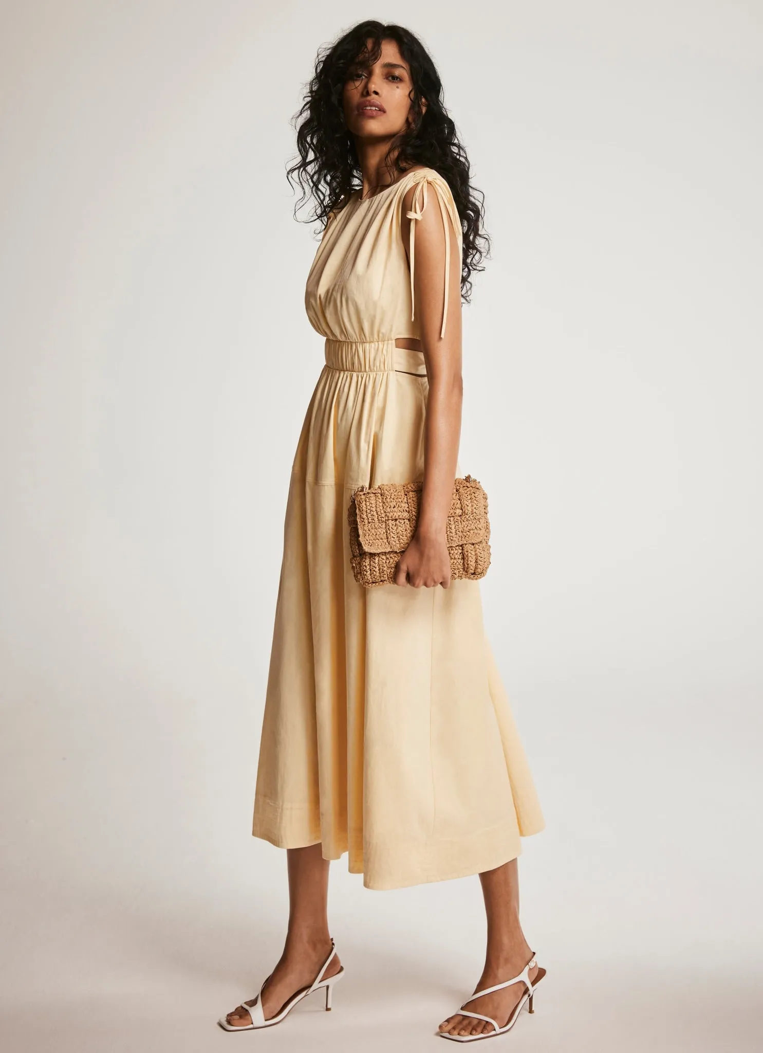 Yellow Ruched Waist Detail Midi Dress sold by Mint Velvet