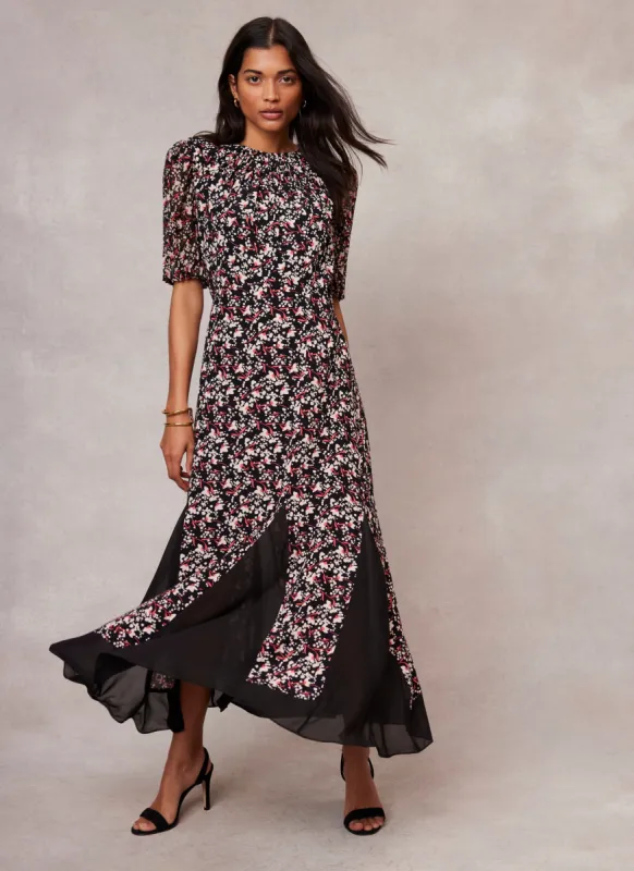 Black Floral Print Godet Maxi Dress sold by Mint Velvet