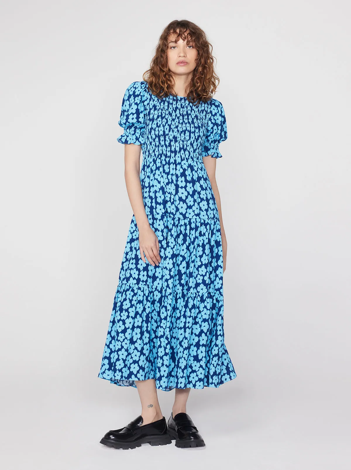 Persephone Blue Blurred Floral Midi Dress sold by KITRI Studio