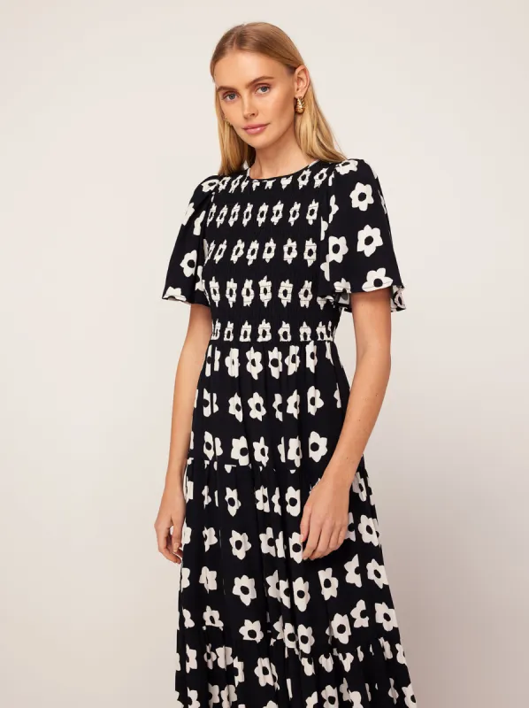 Bridget Black Tiled Floral Shirred Maxi Dress sold by KITRI Studio