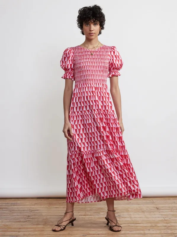 Persephone Shirred Pink Tile Print Dress sold by KITRI Studio