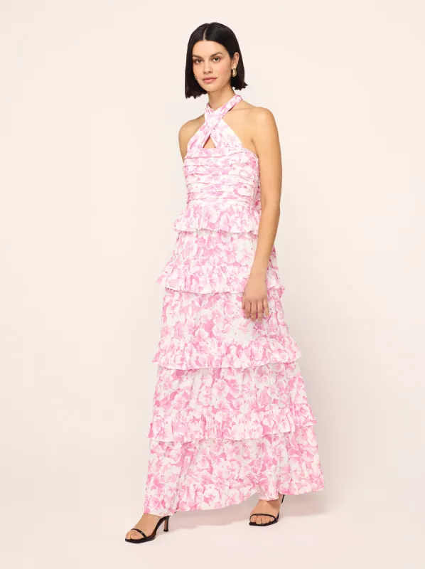 Romily Pink Pansy Print Maxi Dress sold by KITRI Studio