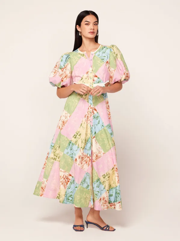 Isabella Patched Toile De Jouy Maxi Dress sold by KITRI Studio