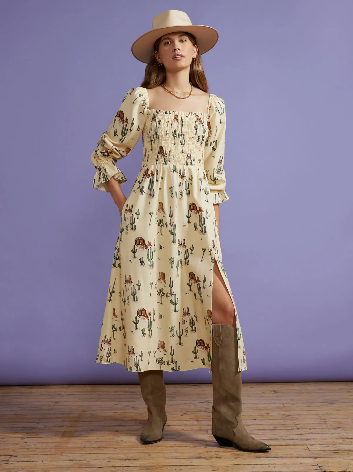 Jolene Joshua Tree Print Shirred Dress sold by KITRI Studio