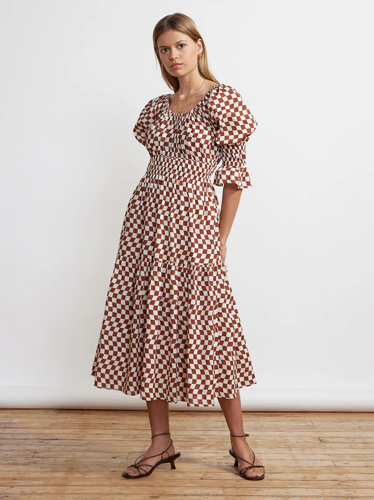 Margot Brown Wavy Checker Midi Dress sold by KITRI Studio