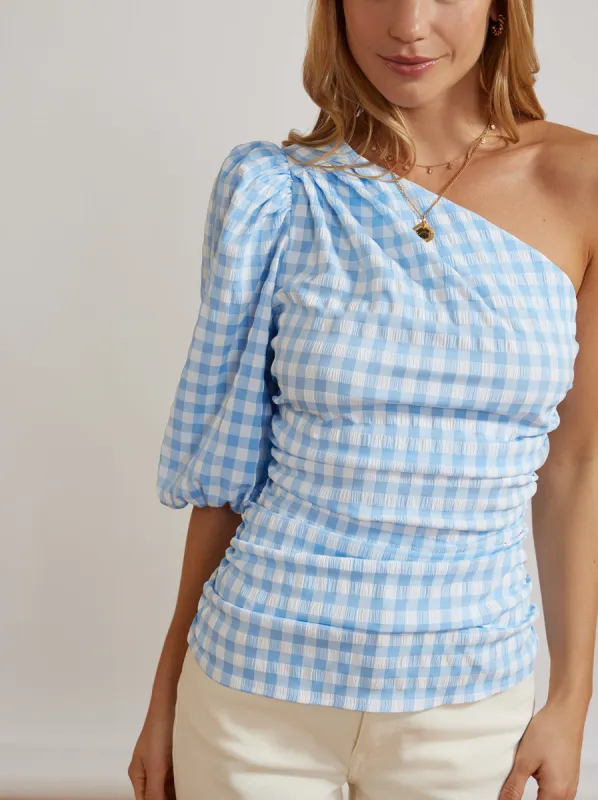 Athena One Shoulder Blue Gingham Top sold by KITRI Studio