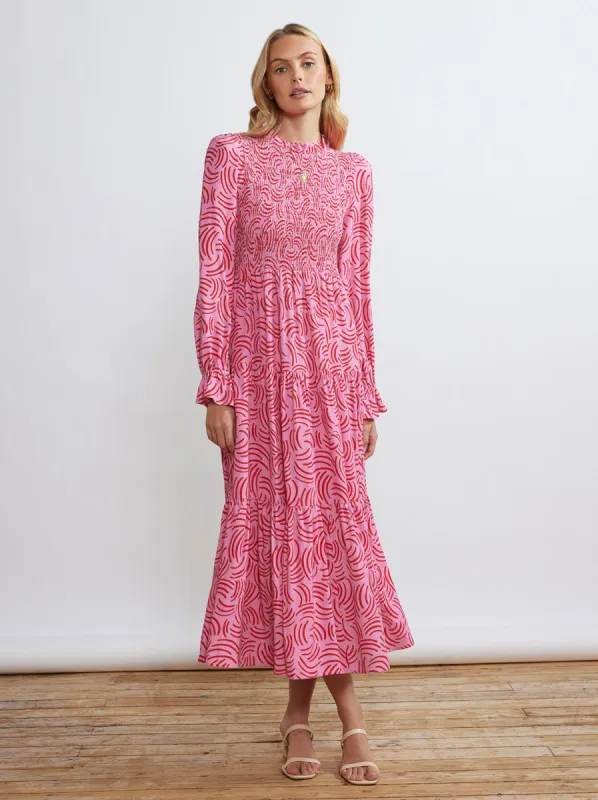 Betsy Pink Geo Shirred Maxi Dress sold by KITRI Studio