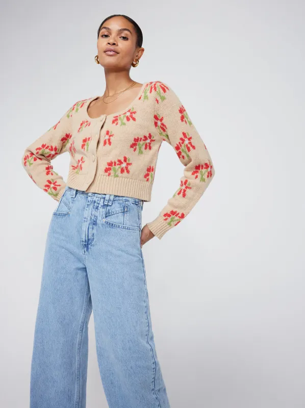 Lila Camel Floral Cropped Knit Cardigan sold by KITRI Studio