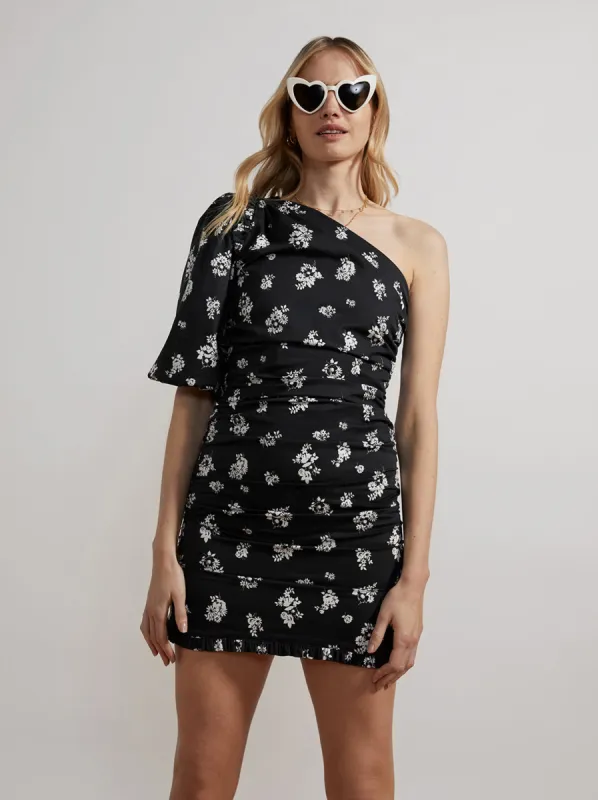Morera Black Mono Floral One Shoulder Mini Dress sold by KITRI Studio