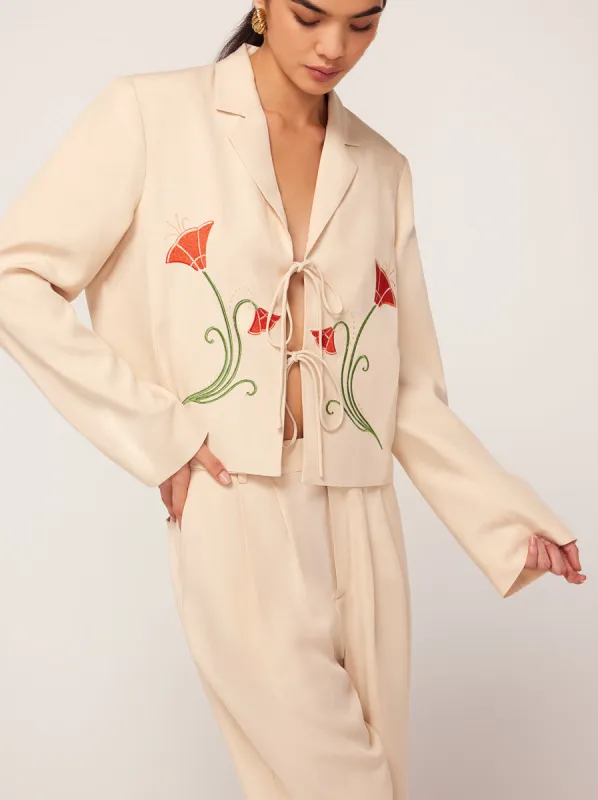 Cressida Sand Embroidered Tie Front Blazer sold by KITRI Studio